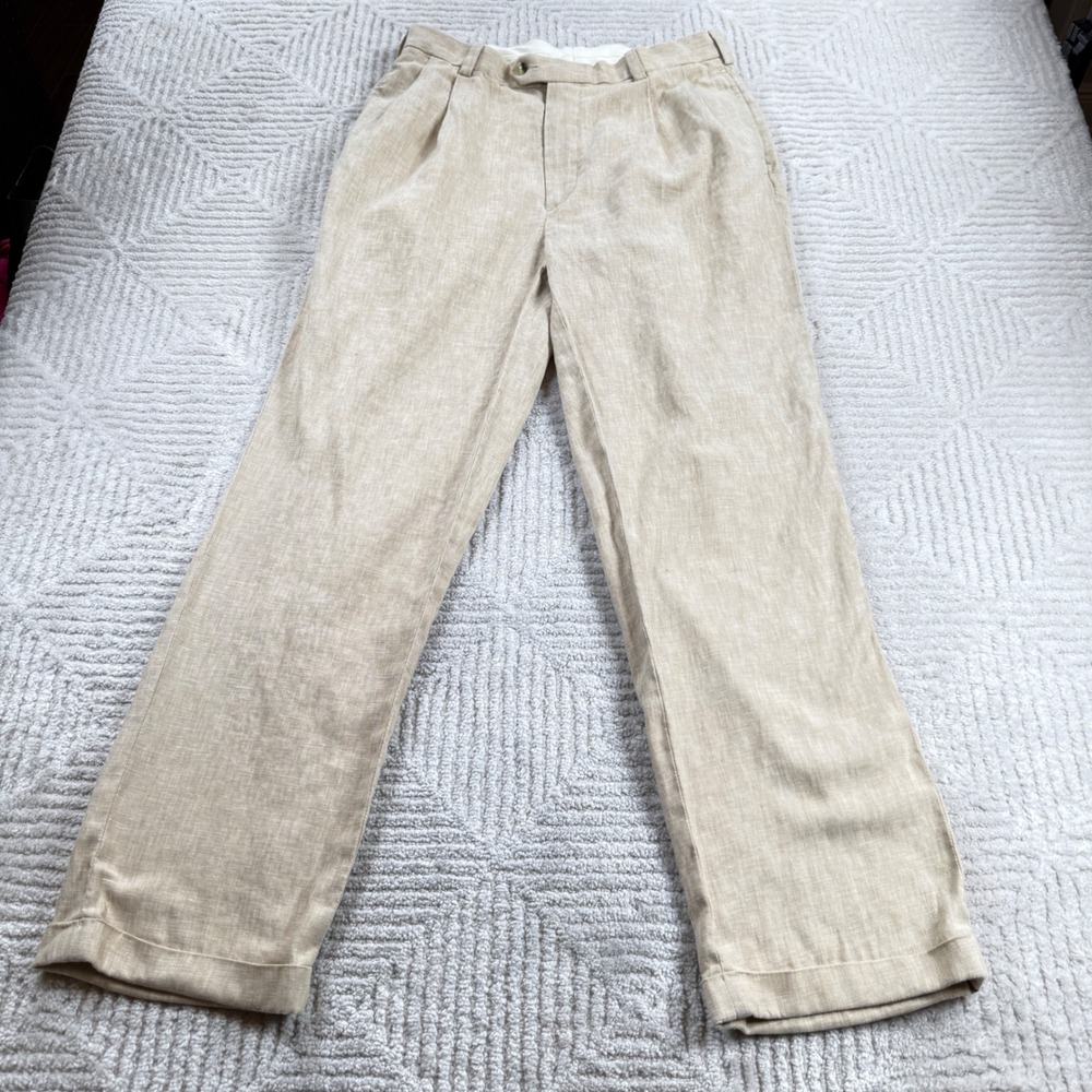 Jos A Bank Linen Trousers Mens 33x32 Tan Traveler Pants Old Money Resort VTG 90s